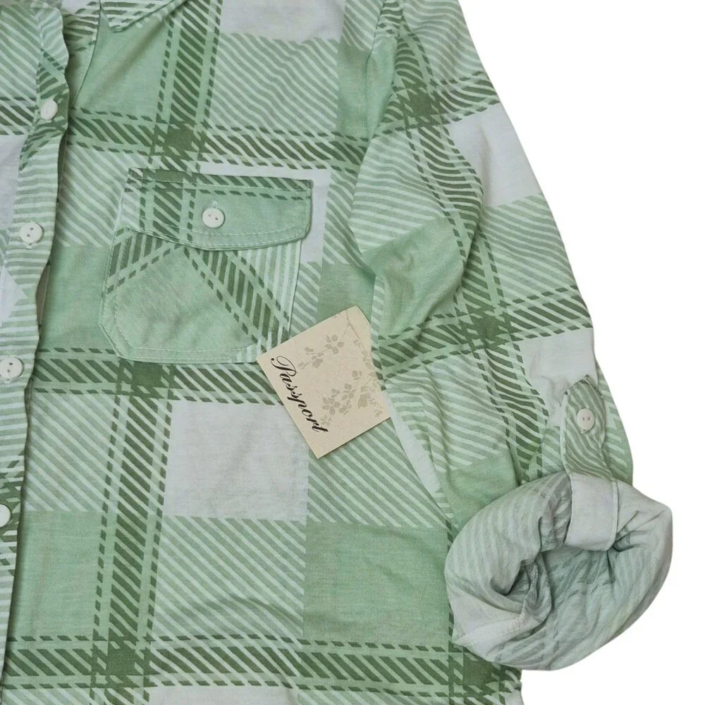 NWT Passport Womens Green Plaid Button Up Shirt Size M Front Tie Roll Tab Sleeve - Picture 6 of 10
